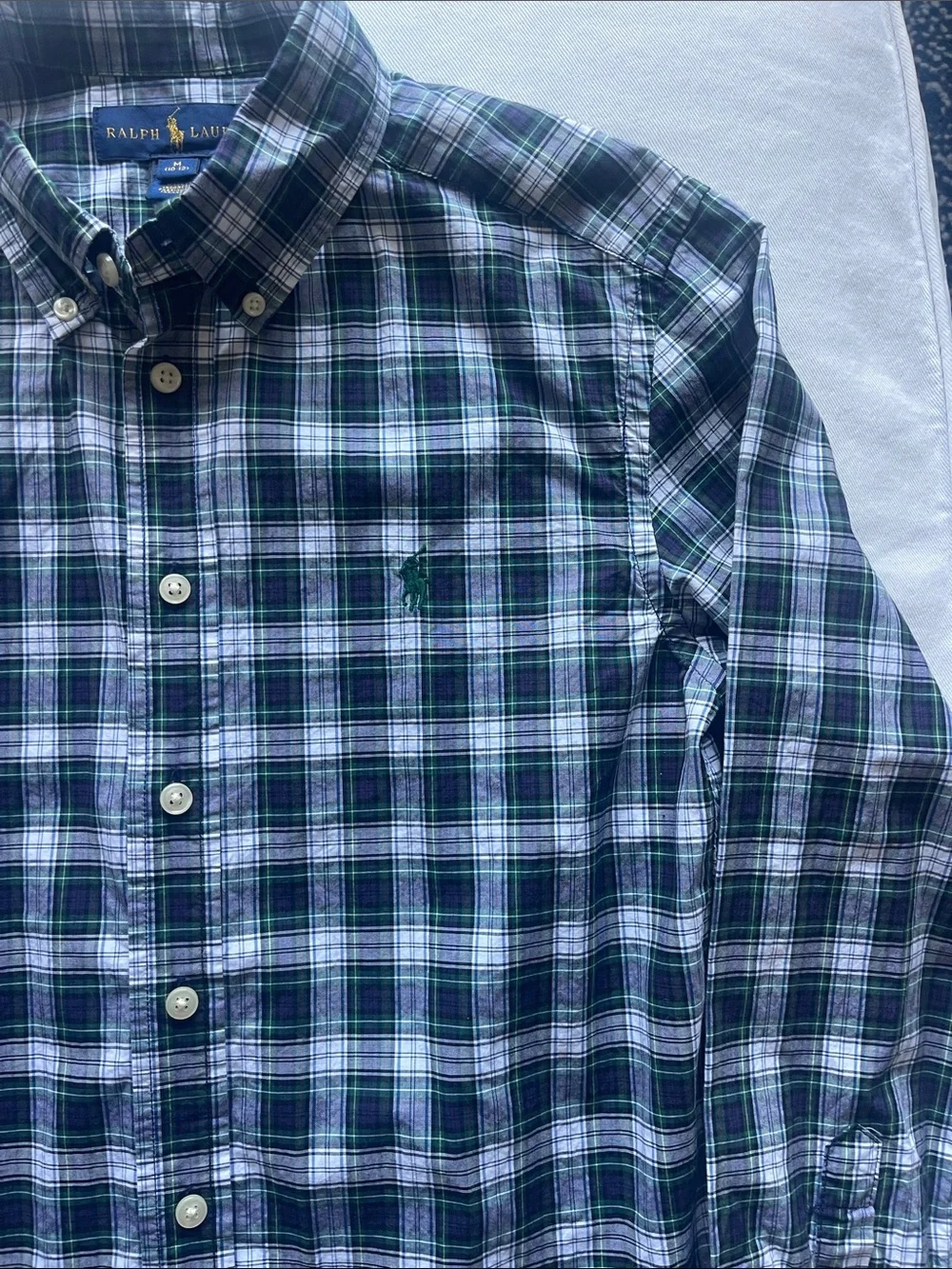 Ralph Lauren Boys Size 10-12 Navy, Green & White Plaid Button-Down Shirt